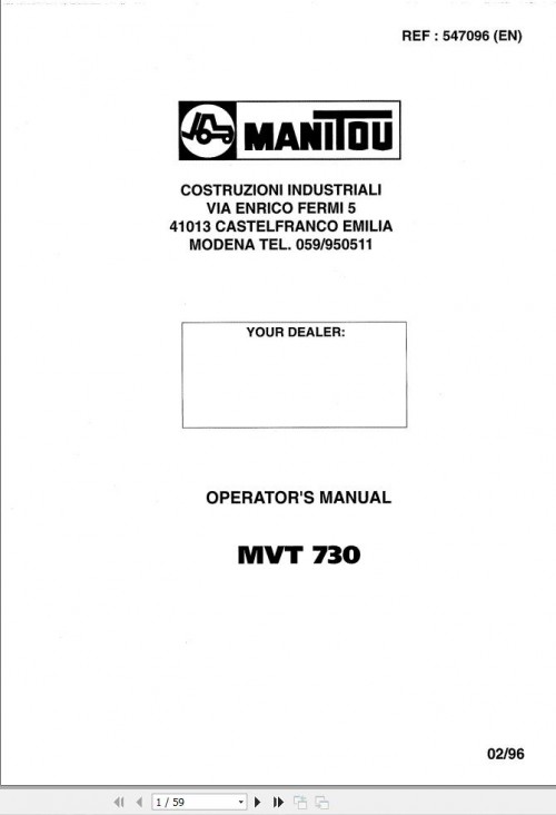Manitou Telescopic Handlers MVT730 Operator's Manual 547096 EN