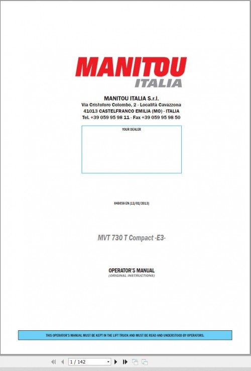 Manitou Telescopic Handlers MVT730T Compact E3 Operator's Manual 648659 EN