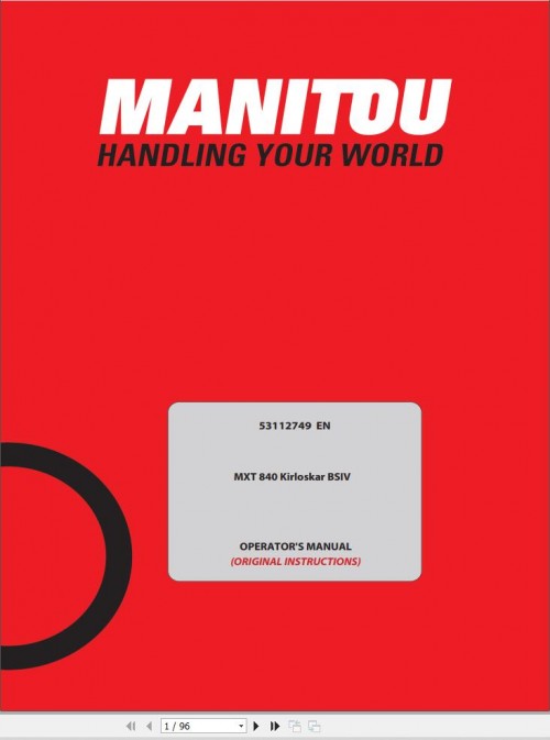 Manitou Telescopic Handlers MXT840 Kirloskar BSIV Operator Manual 53112749 EN
