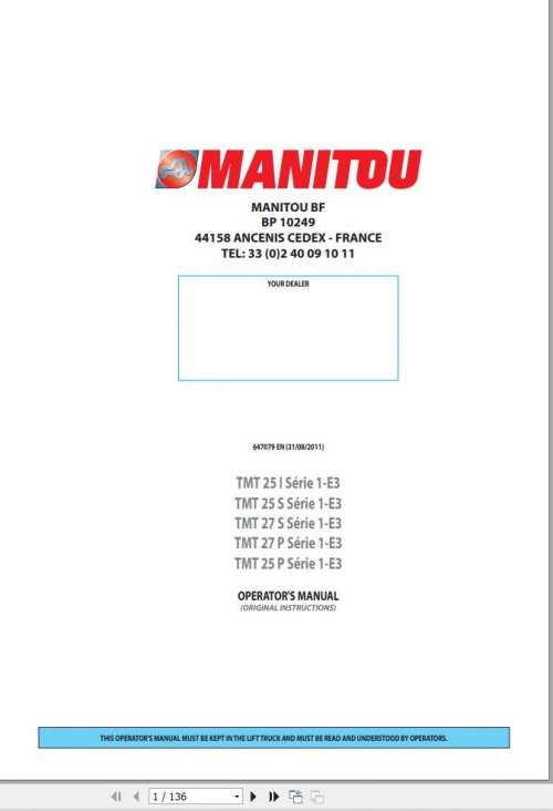 Manitou Telescopic Handlers TMT25I To TMT25P Series 1 E3 Operator Manual 647079