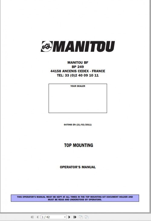Manitou Telescopic Handlers TMT25I To TMT320FL Turbo HT Operator Manual 647066
