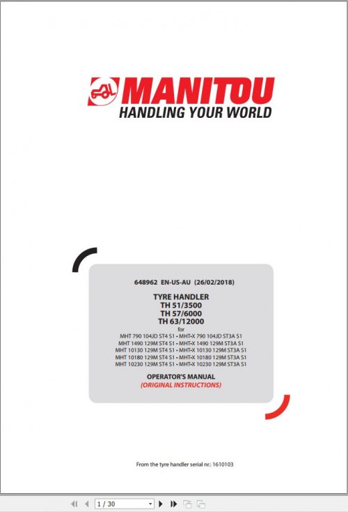 Manitou Type Handler TH51 3500 to TH63 12000 Operator Manual 648962