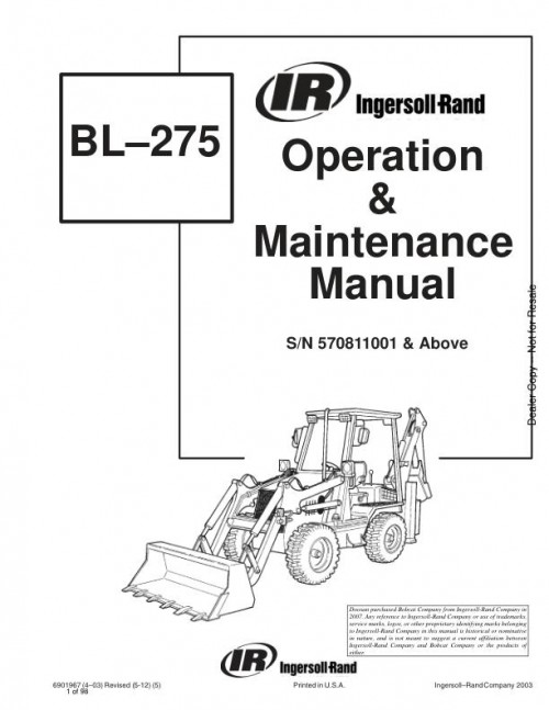 Bobcat Backhoe Loader BL275 Operation Maintenance Manual