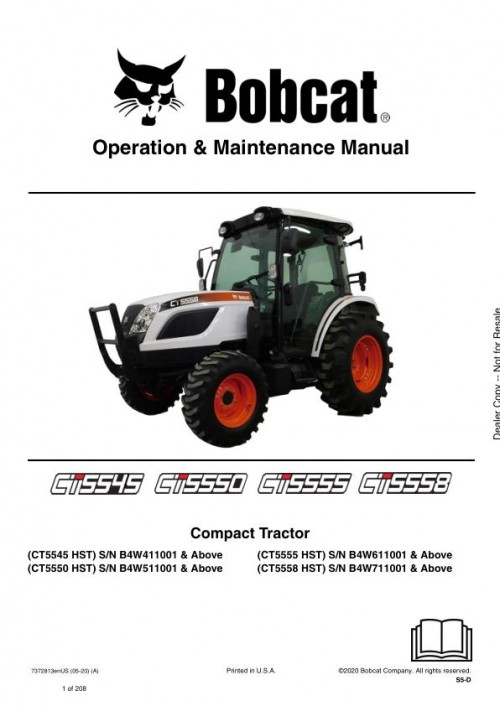 Bobcat Compact Tractor CT5545 CT5550 CT5555 CT5558 Operation Maintenance Manual 7372813 enUS