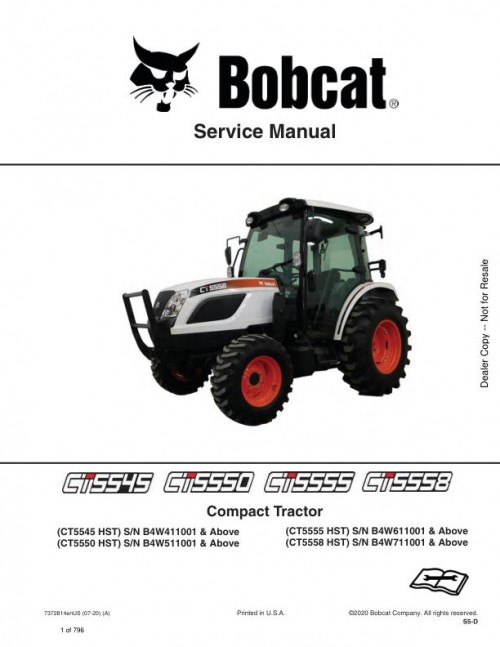 Bobcat Compact Tractor CT5545 CT5550 CT5555 CT5558 Service Manual 7372814 enUS