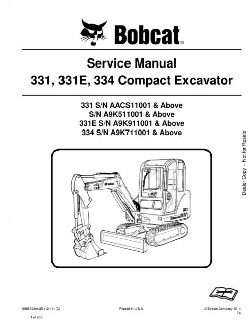 Bobcat Excavator 331 334 Service Manual