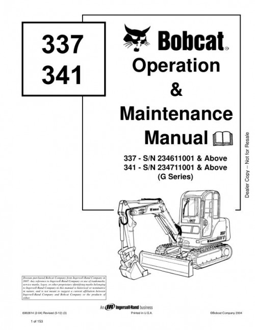 Bobcat Excavator 337 341 Operation Maintenance Manual