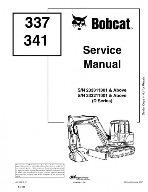 Bobcat Excavator 337 341 Service Manual