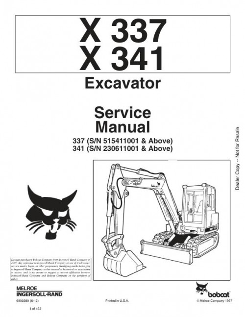 Bobcat Excavator 337 Service Manual 6900380 enUS