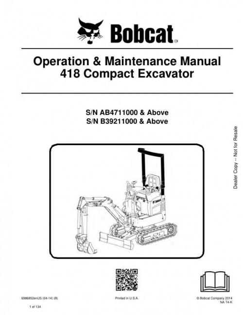 Bobcat Excavator 418 Operation Maintenance Manual 6986852 enUS