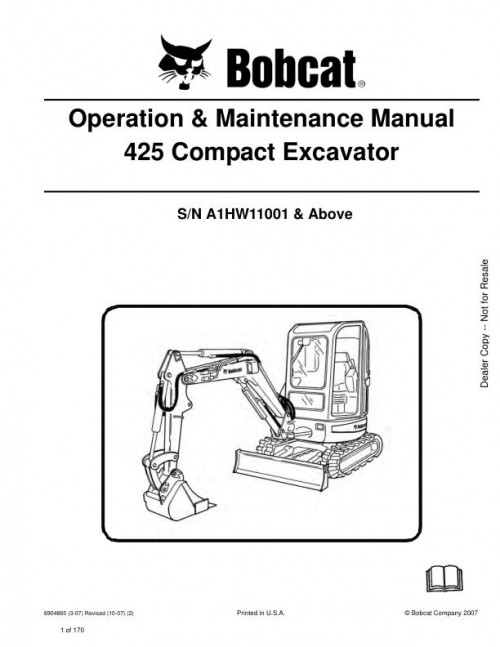 Bobcat Excavator 425 Operation Maintenance Manual 6904865 enUS