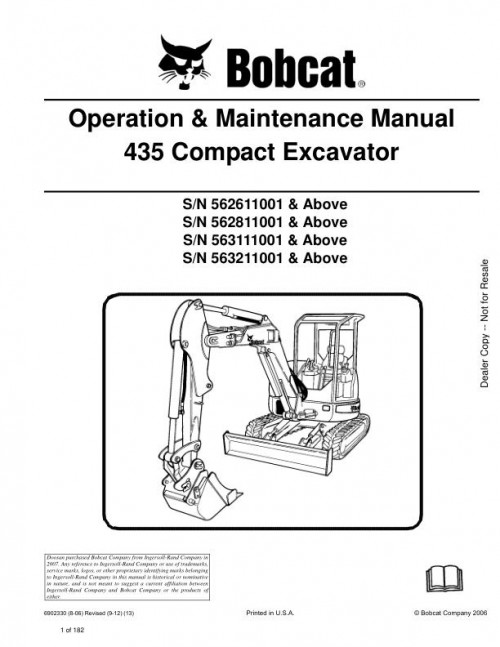 Bobcat Excavator 435 Operation Maintenance Manual