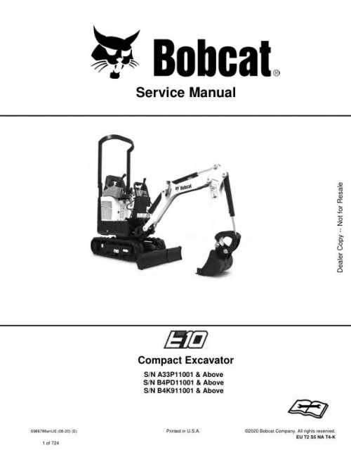 Bobcat Excavator E10 Service Manual 6986788 enUS