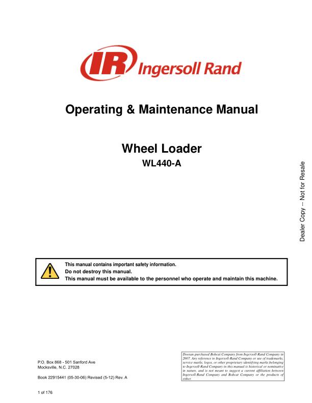 Bobcat Loader Articulated WL440-A Operation Maintenance Manual 22915441 ...