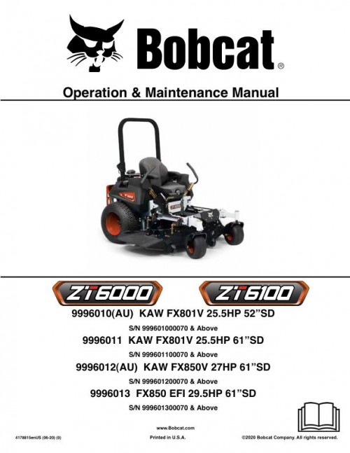 Bobcat Mower ZT6000 ZT6100 Operation Maintenance Manual 4178815revA enUS