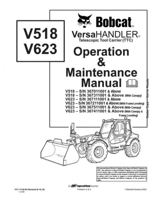 Bobcat Telescopic Handler V518 V623 Operation Maintenance Manual 6901155 enUS
