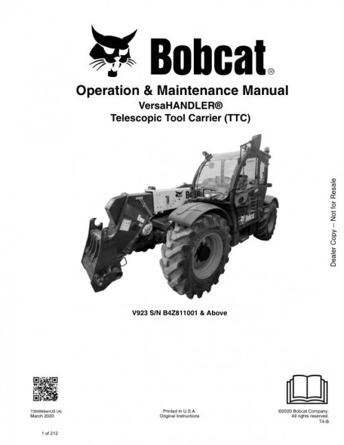 Bobcat Telescopic Handler V923 Operation Maintenance Manual 7399968 enUS