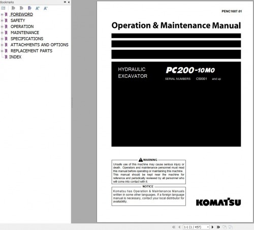 Komatsu Hydraulic Excavator PC200 10M0 Operation and Maintenance Manual PENC1607 01 (1)