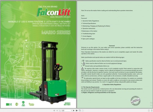 Falconlift Forklift Collection Operating and Maintenance Manual and Part List PDF 2