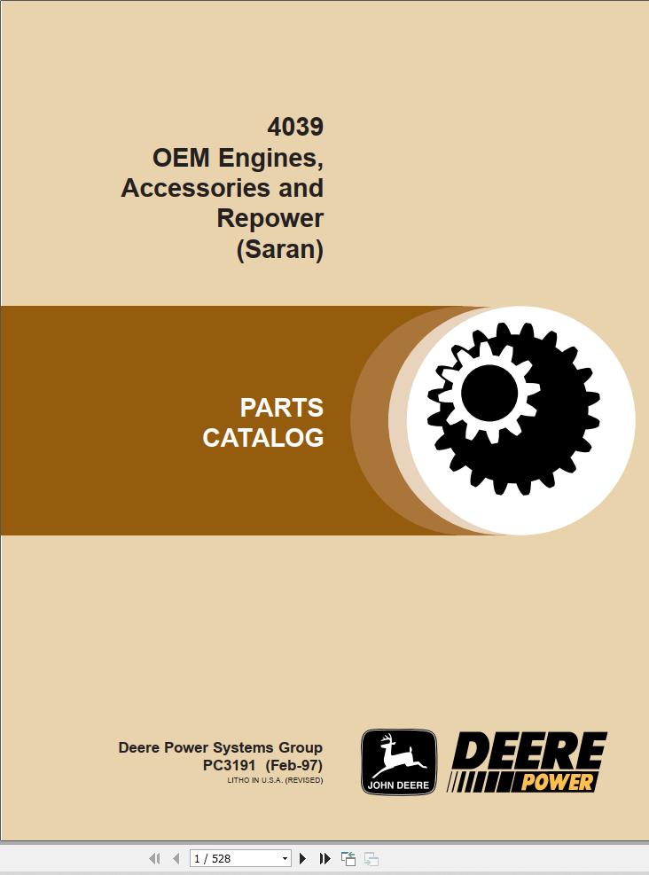 John Deere Engine 4039 Parts Catalog Pc3191 