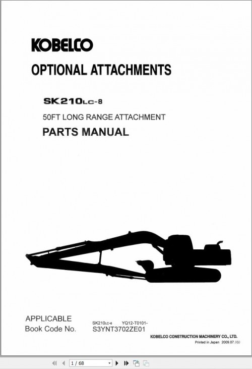 Kobelco Excavator SK210LC 8 Parts Manual S3YNT3702ZE01