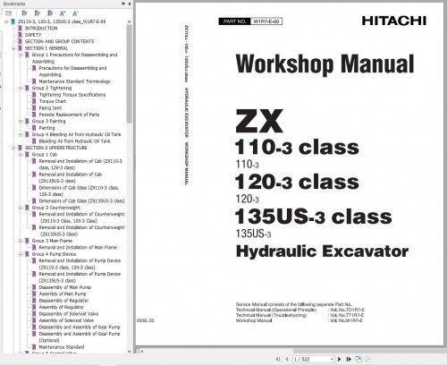 Hitachi Excavator ZX110 3 ZX120 3 ZX135US 3 Workshop Manual W1R7 E 00