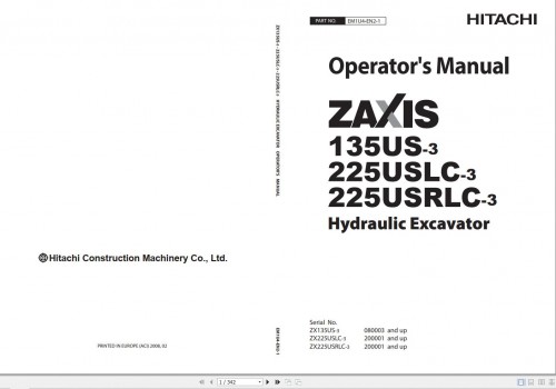 Hitachi ZX135US 3 ZX225USLC 3 ZX225USRLC 3 Operator Manual EM1U4 EN2 1 (1)