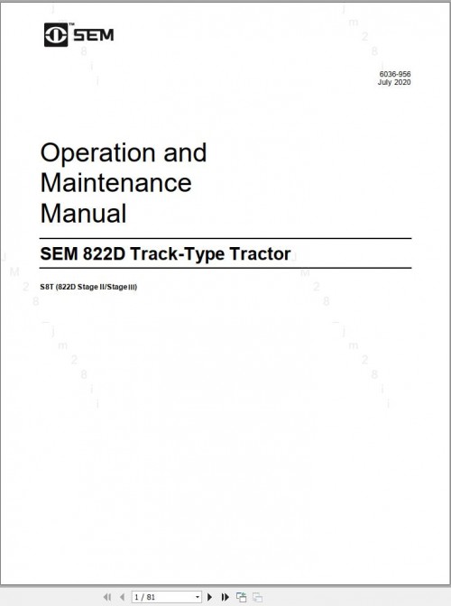 SEM Track Type Tractor 822D Operation and Maintenance Manual 6036 956 (1)