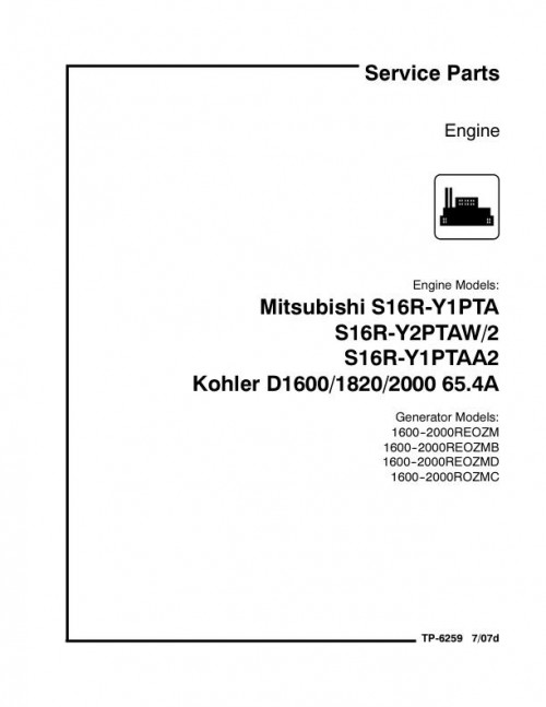 Mitsubishi Diesel Engine S16R Series Kohler D1600 D1820 D2000 Service Parts Manual TP 6259 1