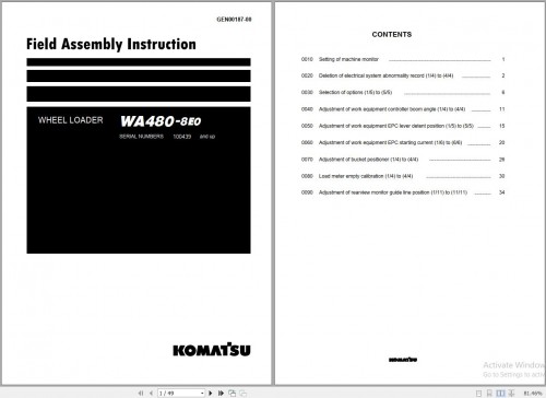 Komatsu Wheel Loader 1.54 GB Update 2024 Operation & Maintenance Manual, Field Assembly Instruction 
