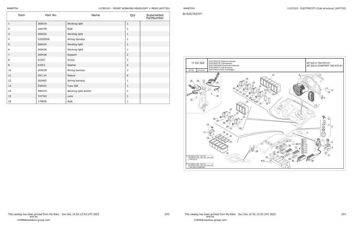 Manitou Telehandlers MT 625 H 75K ST5 S1 COMFORT Parts Catalog 647732EN ...