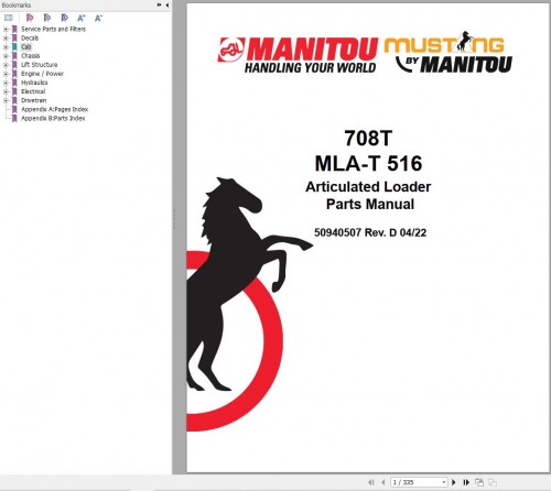003 Manitou Articulated Loader T708 MLA T 516 Parts Manual 50940507D
