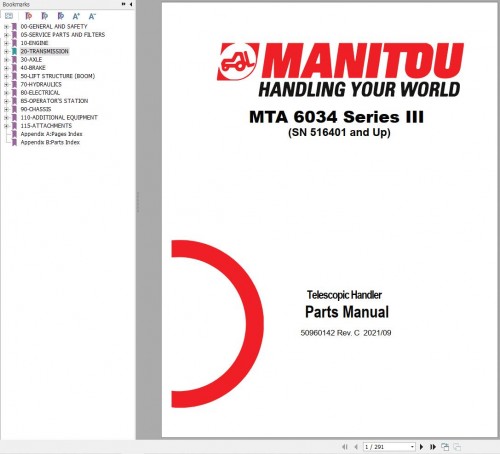 098 Manitou Telescopic Handler MTA 6034 Series III Parts Manual 50960142C