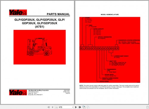 Yale Forklift A7S1 (GLP GDP20UX, GLP GDP25UX, GLP GDP30UX, GLP GDP35UX) Parts Manual (1)