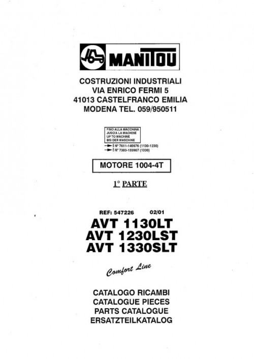 Manitou Telehandler AVT 1130LT AVT 1230LST AVT 1330SLT Parts Manual