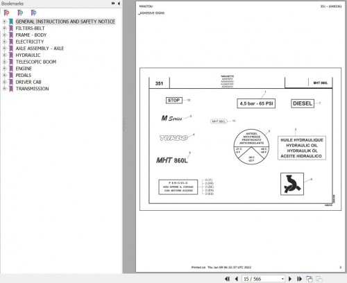 Manitou Telehandler MHT 860 L SERIE M E2 Parts Catalog 648336