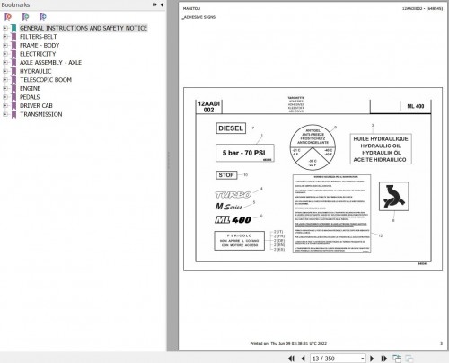 Manitou Telehandler ML 400 SERIE M E2 Parts Catalog 648545