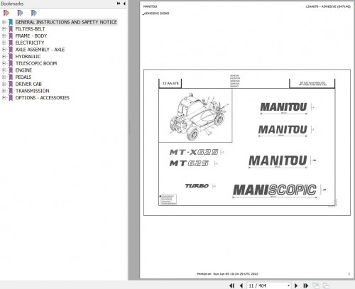 Manitou Telehandler MT 625 TURBO S2 E3 Parts Catalog 647140