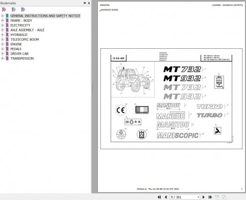 Manitou Telehandler MT 728 SC E2 Parts Catalog 547973