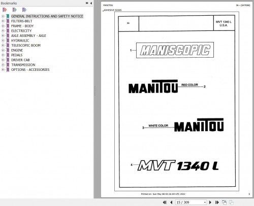 Manitou Telehandler MVT 1340 L Parts Catalog 547058