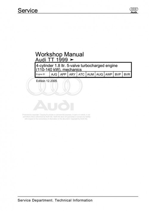 Audi TT 1999 2006 TT Coupe TT Roadster 8N 8N3 8N9 Workshop Manual