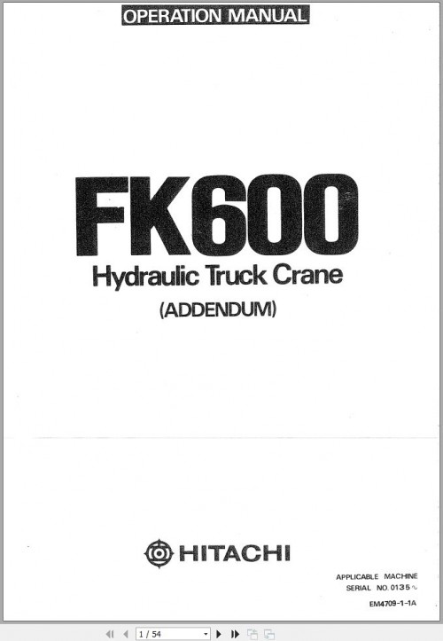 Hitachi Truck Crane FX600 Operation Maintenance Manual EM4709 1 1A