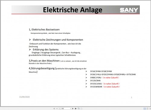 Sany Excavator SY16C to SY155 Electrical System Schematic DE