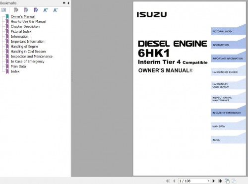 Sany Isuzu Diesel Engine 6HK1 Interim Tier 4 Compatible Owner Manual IDE 6410