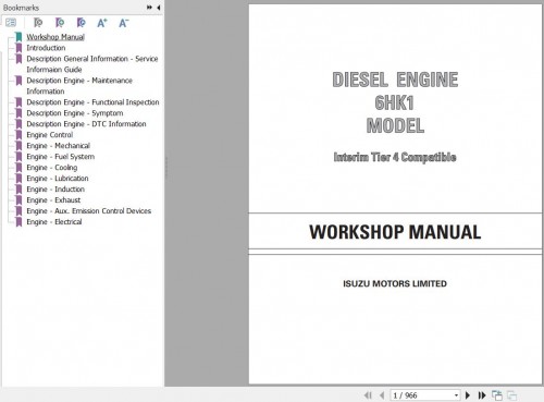 Sany Isuzu Diesel Engine 6HK1 Interim Tier 4 Compatible Workshop Manual IDE 2610