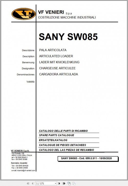 Sany Wheel Loader SW085 Spare Parts Catalog EN DE FR ES