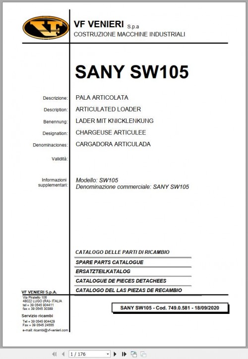 Sany Wheel Loader SW105 Spare Parts Catalog EN DE FR ES
