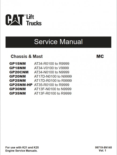 CAT Lift Trucks GP15NM to GP30NM Operation Service Manual 06.2023