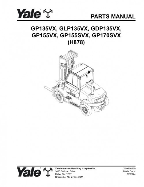 Yale Forklift H878 GP135VX GLP135VX GDP135VX GP155VX GP155SVX GP170SVX Parts Manual 550256260 02 202