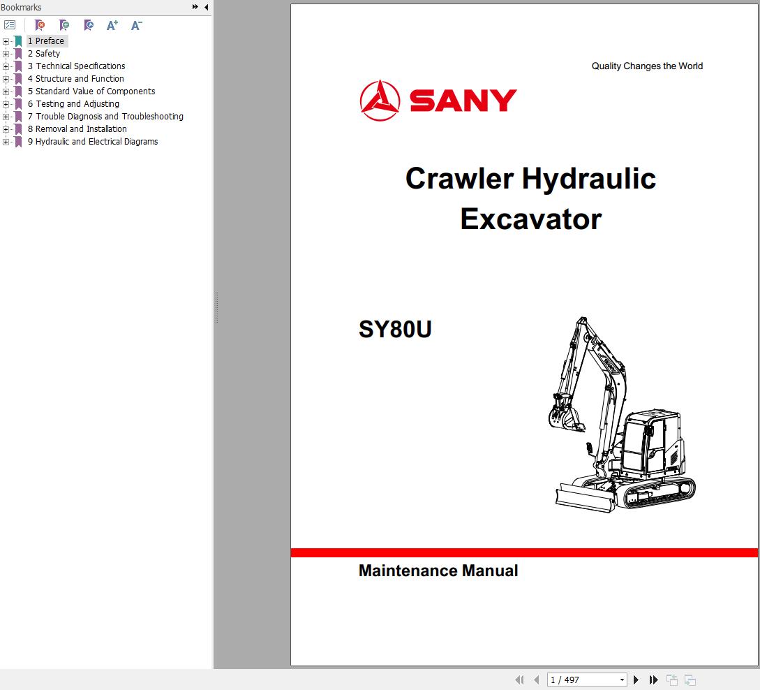 Sany Excavator SY80U Electrical and Hydraulic Schematic Maintenance ...